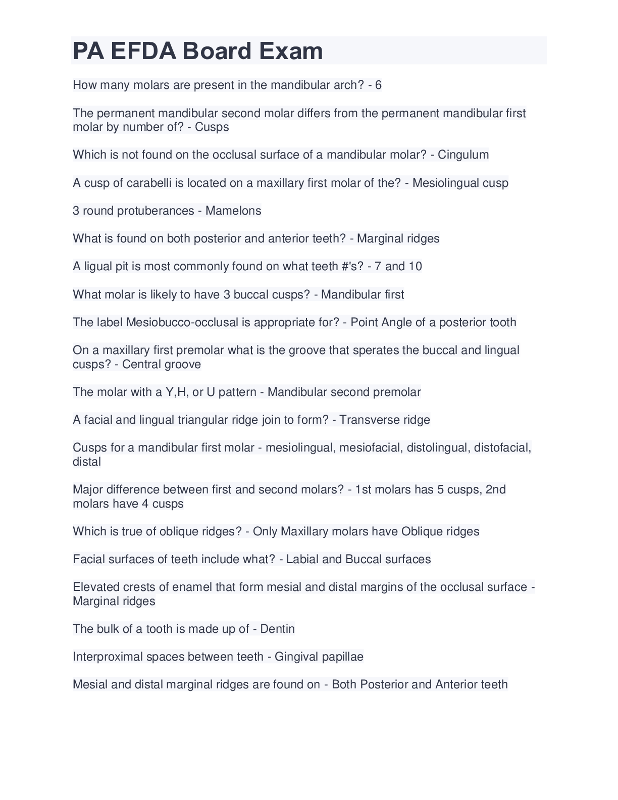 Preview image for PA EFDA Board Exam: Questions And Answers (100% Correct)